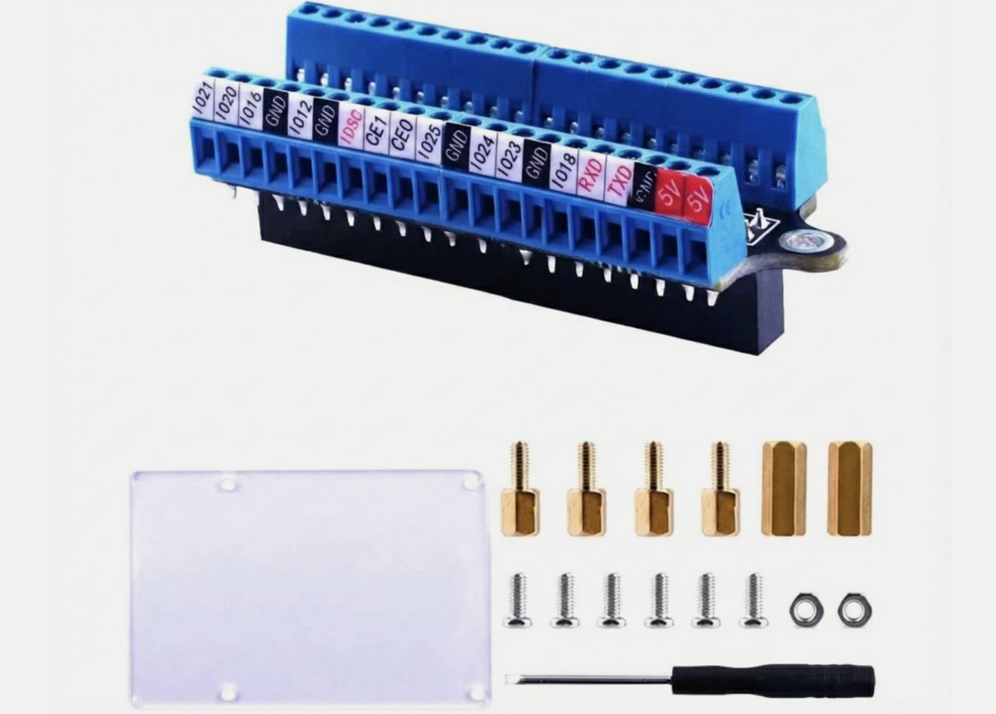 Electrical terminal block with screws and connectors on a white background
