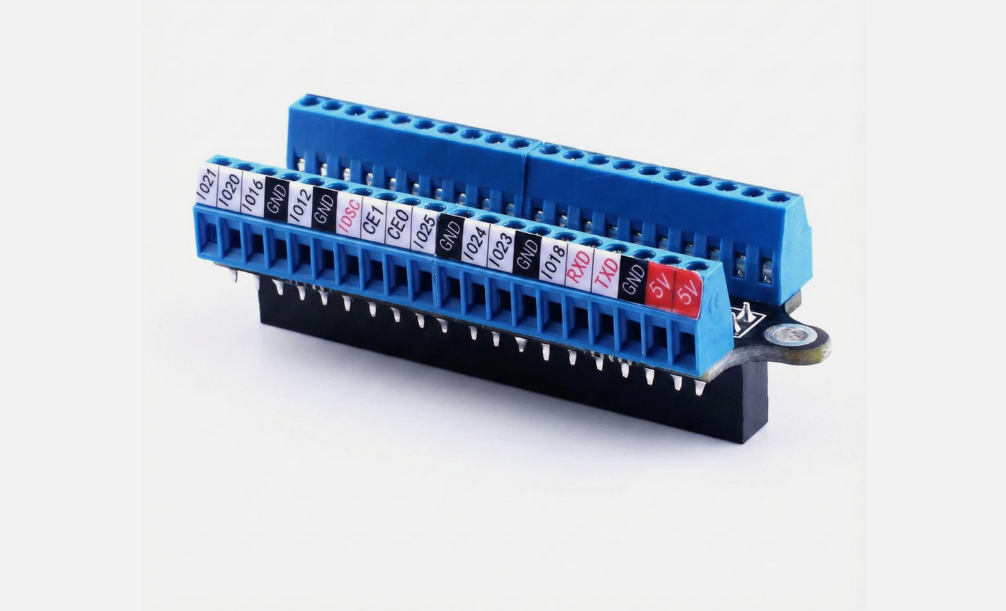 Electronic component with blue and black connectors on a white background