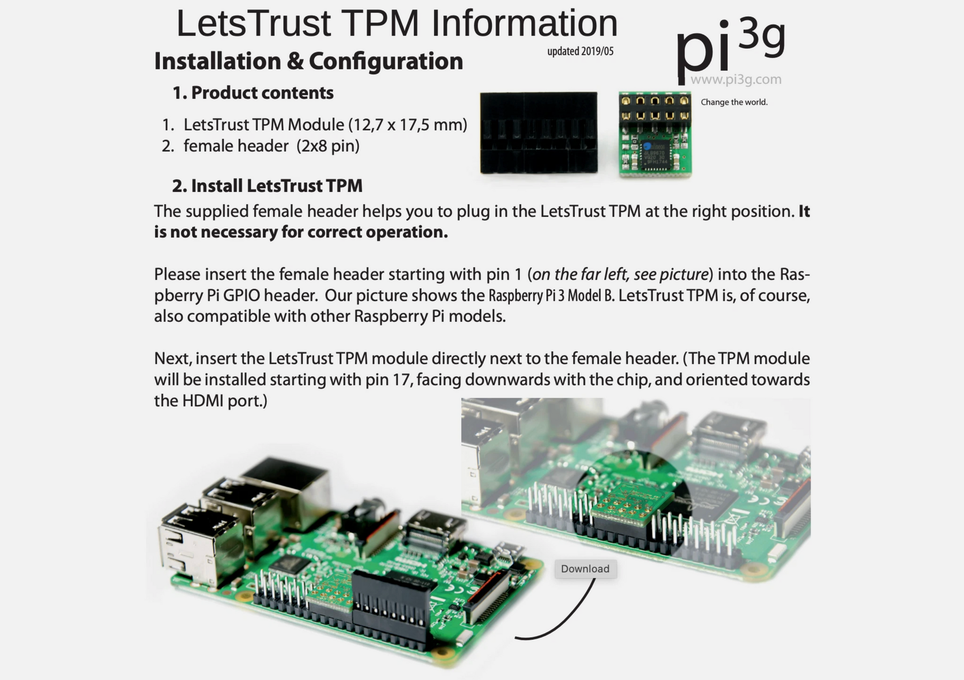 Let'sTrust TPM information sheet with Raspberry Pi 3G hardware illustration on a white background