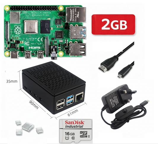 Raspberry Pi 4B 2GB kit with power adapter, microSD card, and case on a white background