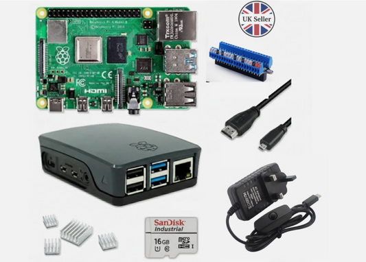Raspberry Pi kit with case, power adapter, cables, and SanDisk card on a white background