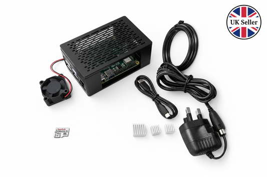 Raspberry Pi components including a power supply, fan, and cables on a white background with a UK Seller label.