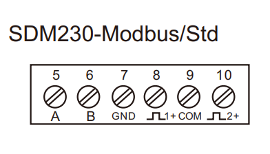 Diagram of SDM230 Modbus/Std wiring diagram with labeled pins.