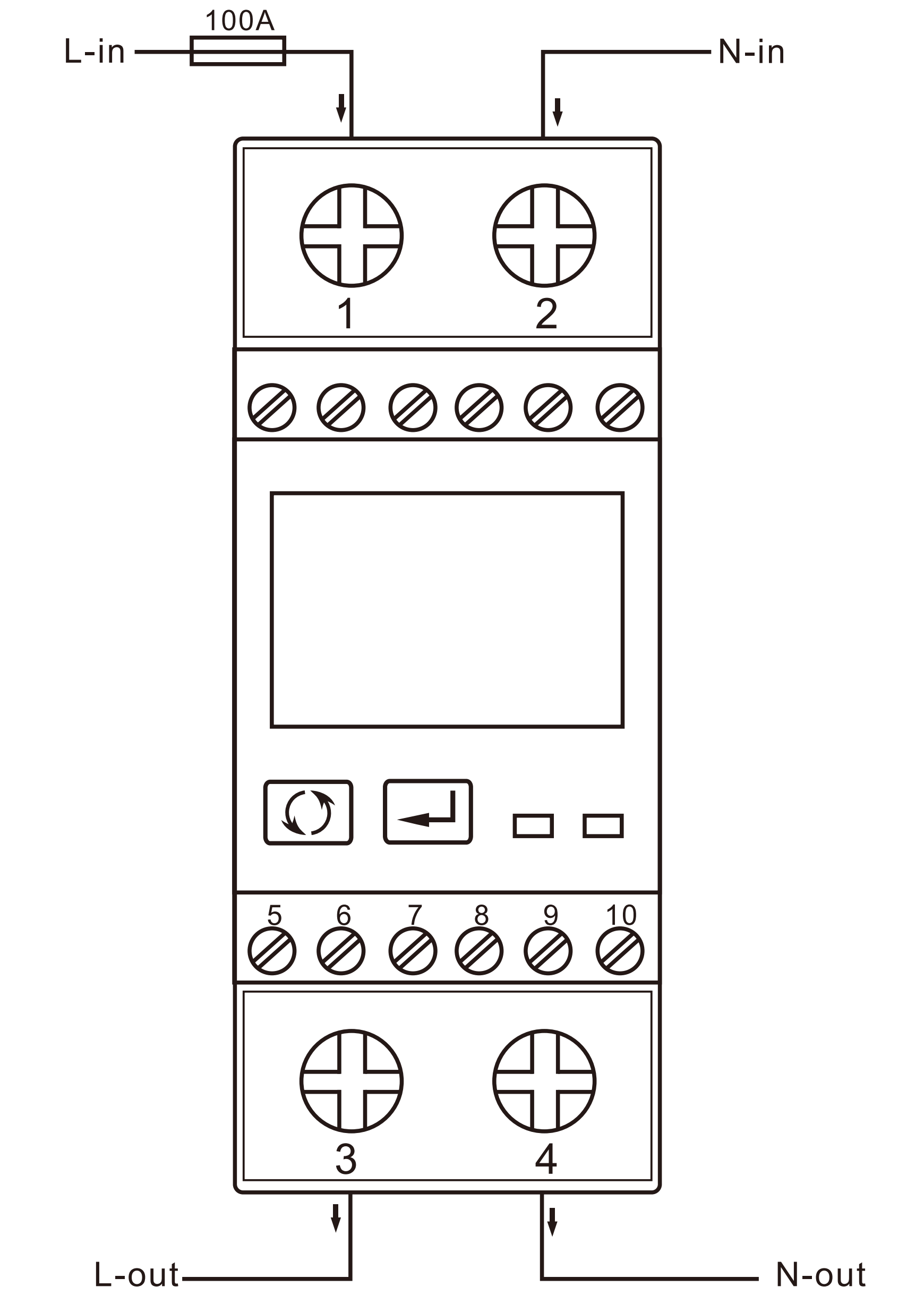 Electrical diagram of a control panel with labeled connections and numbered components.