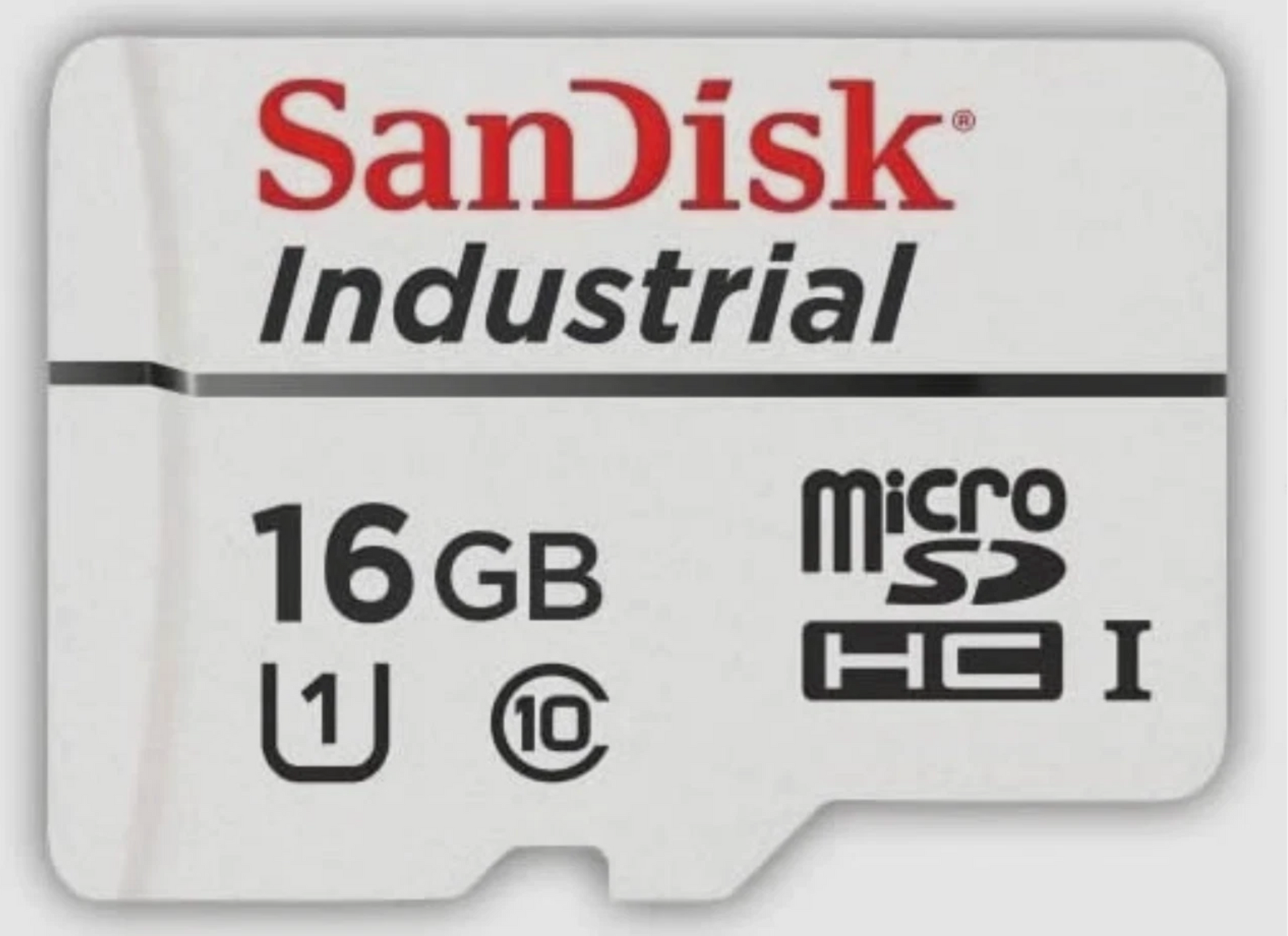 SanDisk microSDHC card with 16GB capacity on a white background