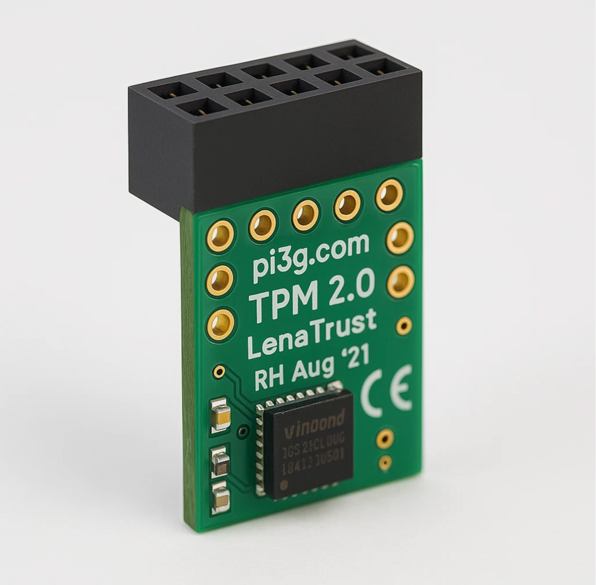 Green electronic module with 'pi3g.com TPM 2.0 LenaTrust' text on a white background