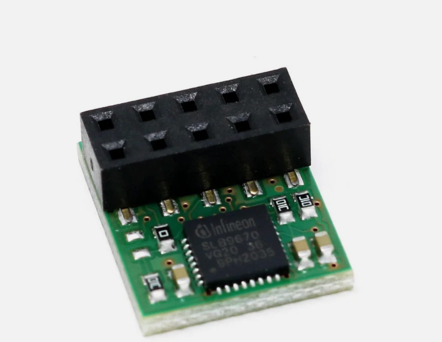 Electronic component with a black cover on a white background