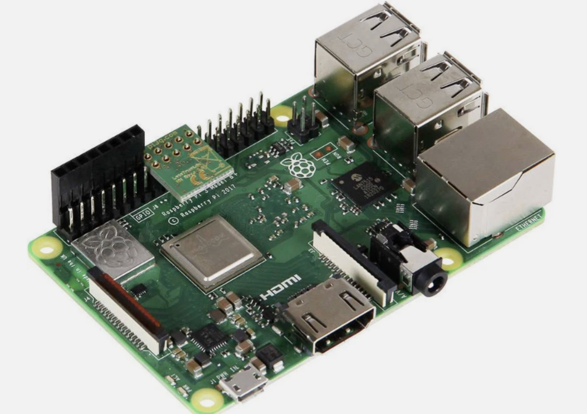 Raspberry Pi computer board on a white background